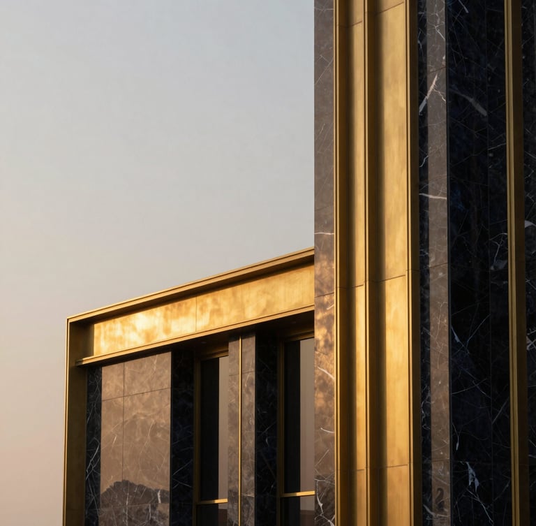 Minimalist close-up of premium marble and brass architectural details in a Dubai penthouse, soft golden hour light, high-contrast luxury.