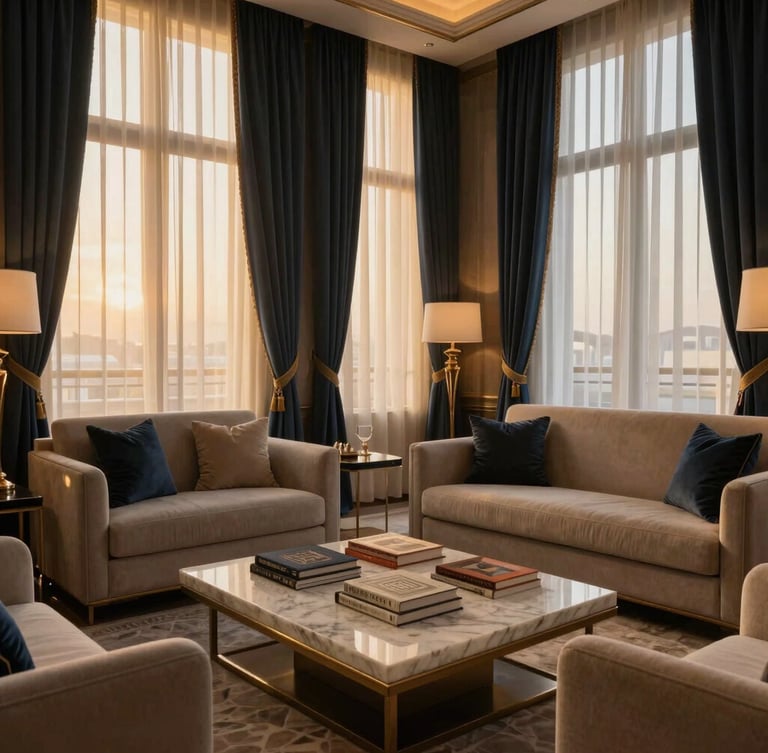 A private luxury lounge in Dubai, elegant neutral furniture, marble coffee table with architectural books, soft golden hour light filtering through sheer curtains