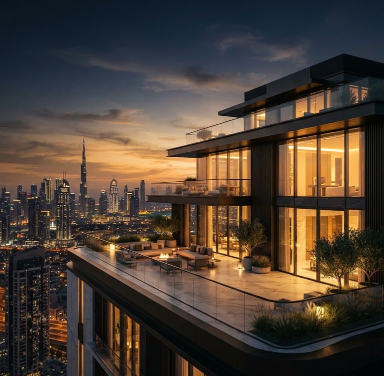 Cinematic portrait of a minimalist Dubai penthouse exterior at sunset, sweeping dusk sky, warm gold light reflecting on glass and marble, wide framing.