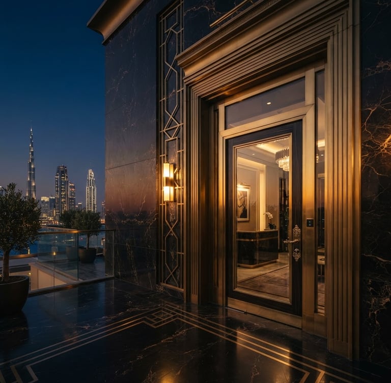 Cinematic wide-angle architectural close-up of a luxury penthouse entrance in Dubai, golden-hour dusk light, marble and brass textures, negative space on the left