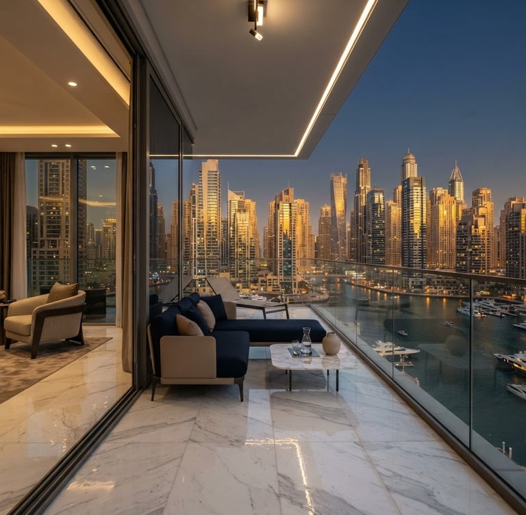 Wide-angle cinematic architectural shot of a minimalist luxury penthouse balcony overlooking the Dubai Marina at golden hour, soft warm light reflecting on marble floors.