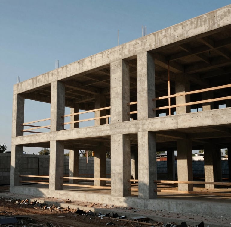Wide architectural elevation of a modern concrete and steel residential framing structure under construction, dramatic directional morning light, sharp shadows, 35mm lens