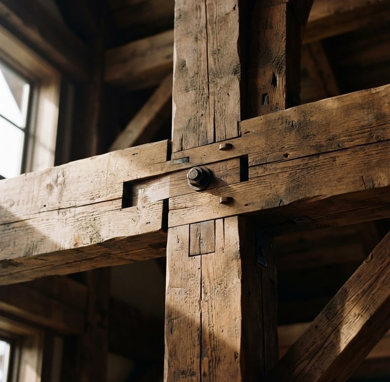 Extreme close-up of perfectly aligned heavy timber joints in a modern estate framing, sharp directional daylight, raw bronze tones, 35mm lens