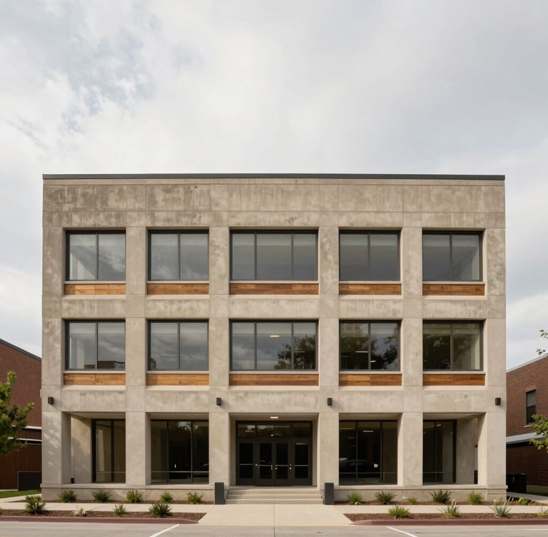 Straight-on architectural elevation of the Mathison/Mathison office in Grand Rapids, Michigan. Soft overcast daylight, warm concrete and timber details visible, 35mm lens.