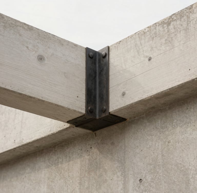 Extreme close-up of an architectural joint where a structural white oak beam meets a raw concrete wall. Blackened steel hardware is visible. Sharp details, soft diffused daylight.
