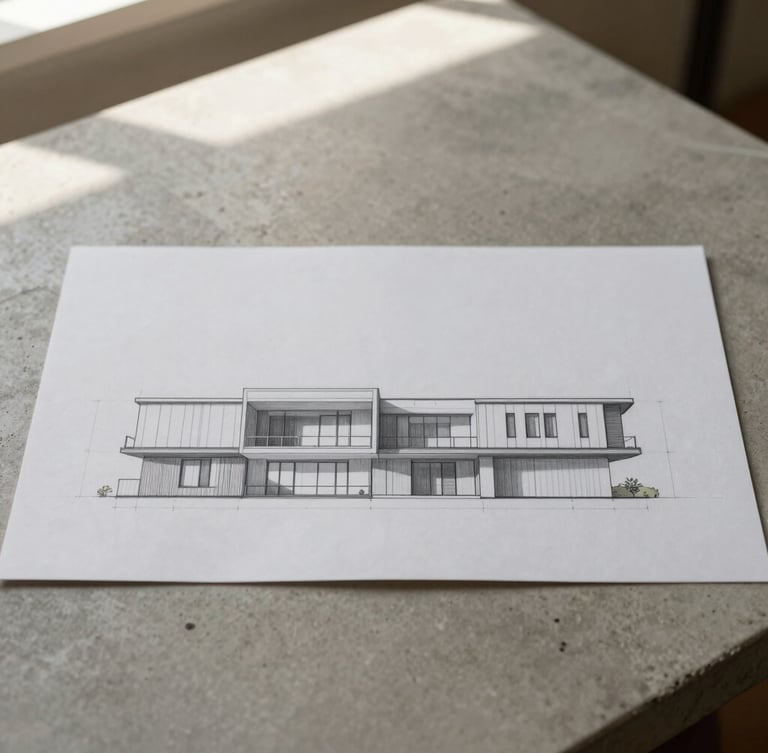 Straight-on architectural elevation drawing resting on a concrete desk, soft natural overhead light, warm gray tones, minimal composition