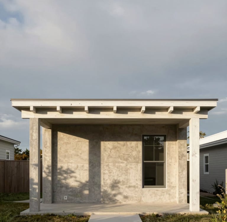 Straight-on architectural elevation of a concrete and white oak residential pavilion, dramatic golden hour shadows, soft overcast Michigan sky, editorial architectural photography