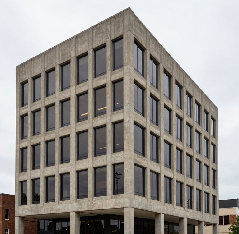 Straight-on elevation of a modern concrete and steel commercial office building in Grand Rapids, Michigan, natural diffused overcast daylight, raw concrete textures, 35mm architectural lens.