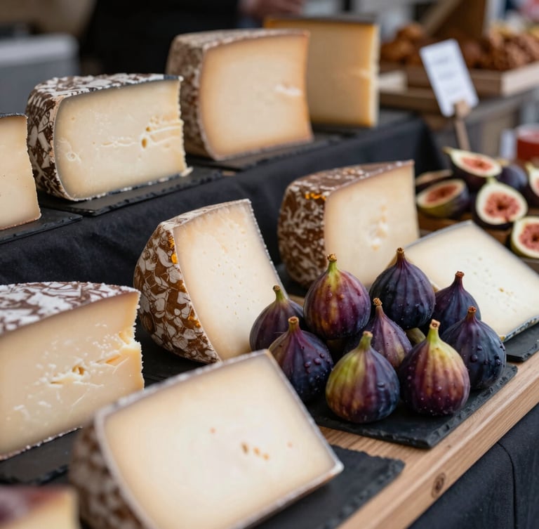 A close-up, Scandinavian-style side-lit shot of a curated market counter with artisanal cheeses, fresh figs, and dark butcher paper.
