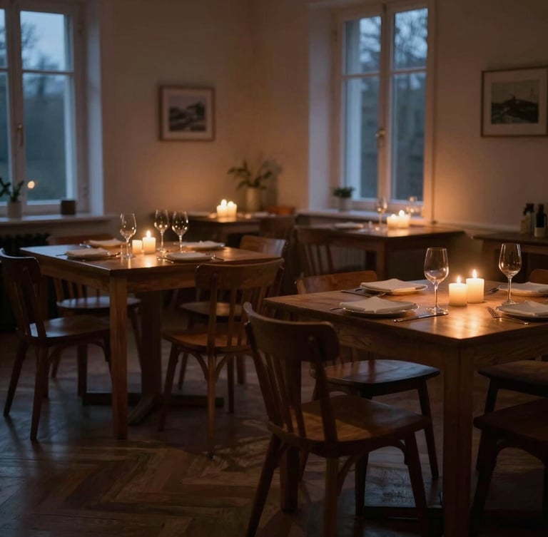 Low-key Scandinavian style dining room at dusk, warm candle light on empty wooden tables, soft side-lighting casting deep shadows, intimate atmosphere, 3:4 portrait aspect