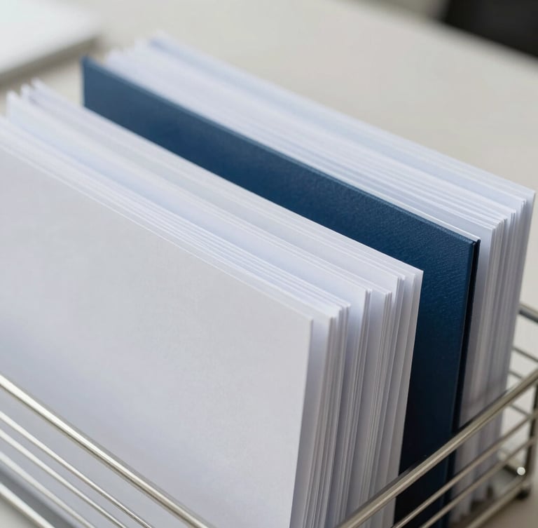 Macro close-up of high-quality organized office documents in a neat metal tray, bright neutral daylight, professional setup