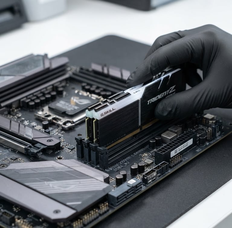 Macro shot of a technician's hands carefully installing RAM into a motherboard, bright neutral studio lighting, crisp details, charcoal and silver tones, clean desk setup.