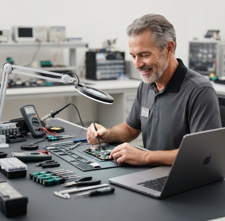 Professional portrait of Fred Gregory, a friendly technician, working at a clean desk with a laptop, precision tools visible, bright neutral studio lighting, crisp details, charcoal and silver tones.