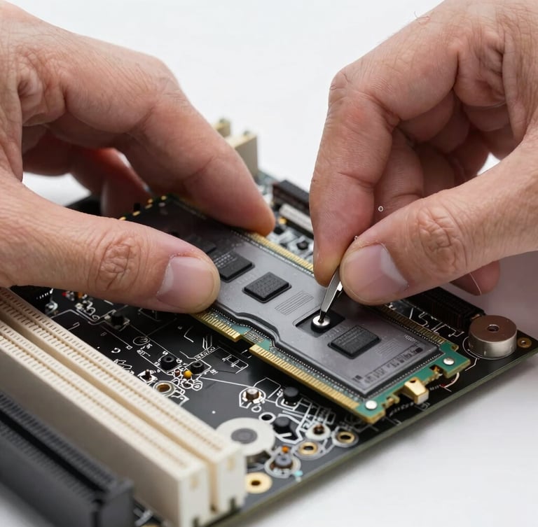 Macro close-up of technician's hands carefully installing RAM into a motherboard, precision tools, bright neutral studio lighting, crisp details, charcoal and silver tones.