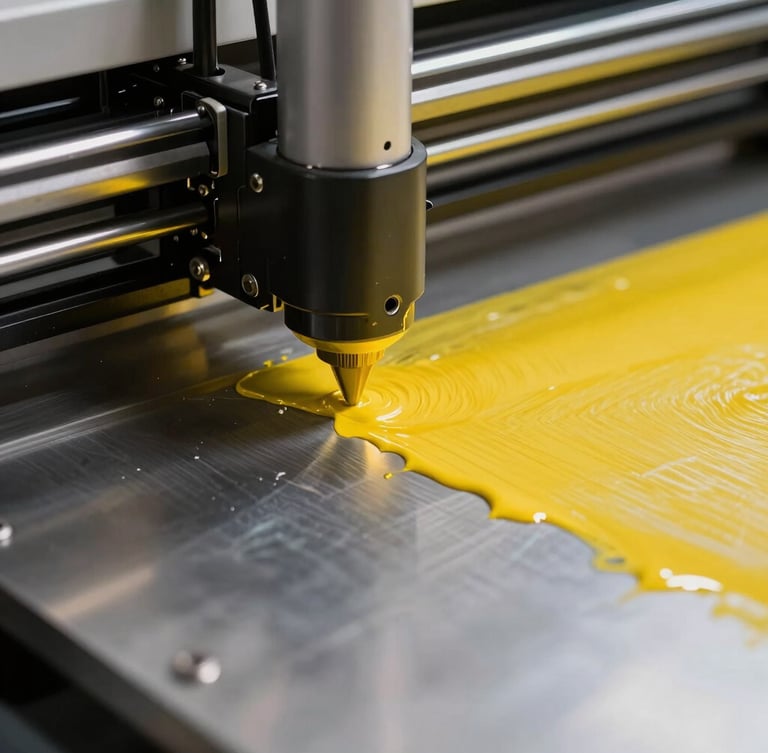 Extreme close-up of a heavy UV flatbed printer nozzle curing vivid yellow ink onto a brushed steel sheet, dramatic workshop lighting, sharp focus on the curing light edge.