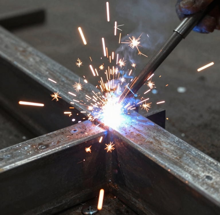 Extreme close-up of a heavy-duty steel frame being welded in a workshop, bright sparks flying, raw metal textures, high-contrast industrial lighting.
