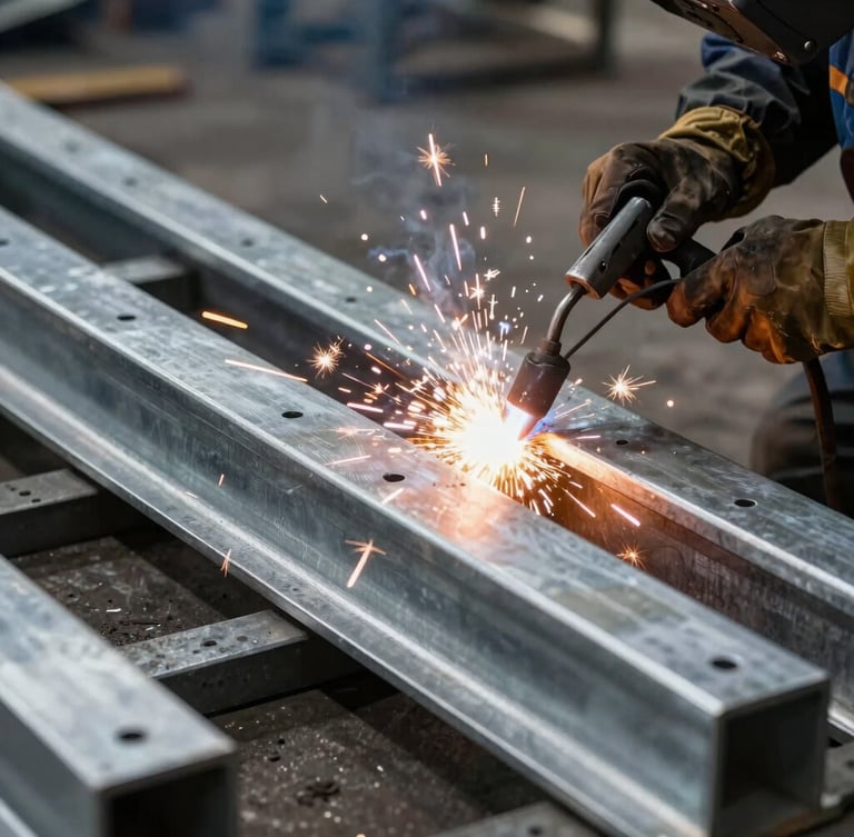 Close-up of industrial metal fabrication inside a Hyderabad workshop, sparks flying from a welder on structural steel frames, raw galvanized silver textures, high-contrast workshop lighting.