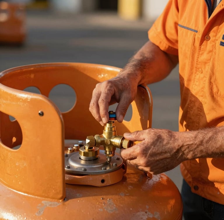 Close-up of a professional delivery technician securing a brass valve connection on a clean steel propane tank, warm golden sunlight, rich saturated orange tones.