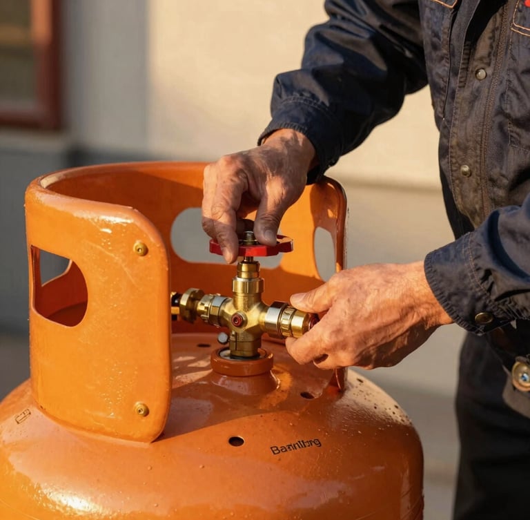 Close-up of a professional technician in clean safety gear securing a brass valve connection on a pristine residential propane tank, warm golden-hour lighting.