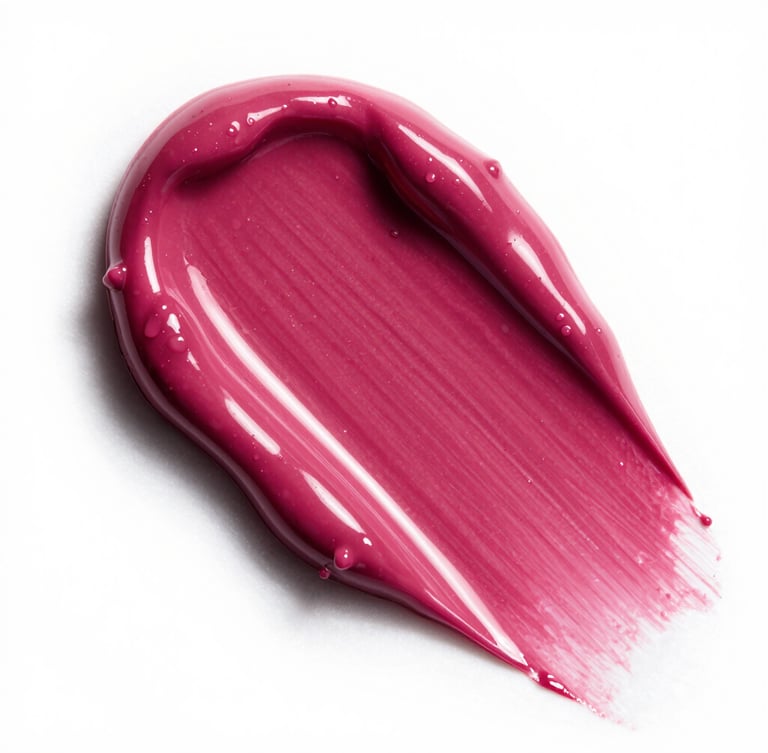 Extreme macro studio close-up of a vibrant liquid lipstick swatch smudged on a stark white surface, rich creamy texture, crisp shadows, high-key studio lighting, 85mm lens