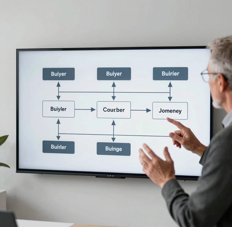 Senior editorial strategist mapping buyer journey stages on a large digital display, hands gesturing over a workflow diagram, sharp editorial photography, high-contrast natural daylight, clean minimalist office setting, cool desaturated tones, 35mm lens.