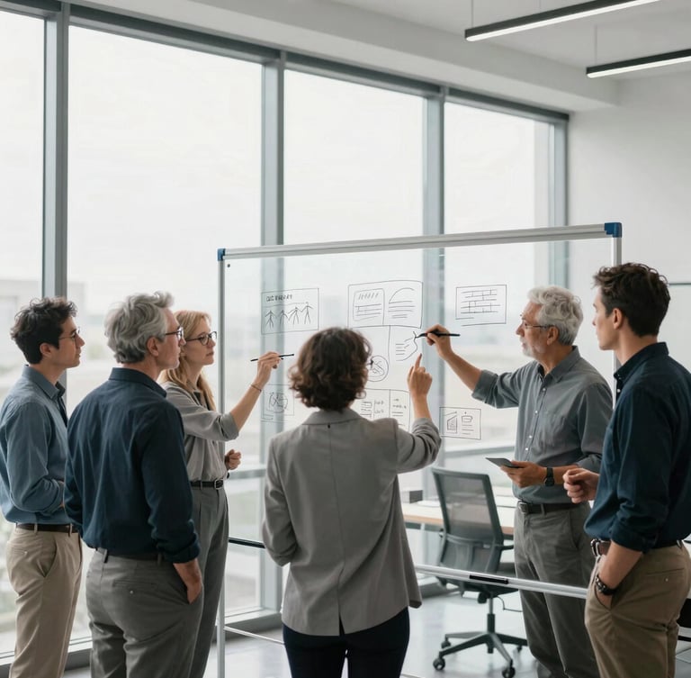 Wide-angle shot of a diverse team of senior strategists collaborating in a modern, high-contrast office, hands sketching wireframes on a transparent whiteboard, bright natural window light, cool desaturated tones.