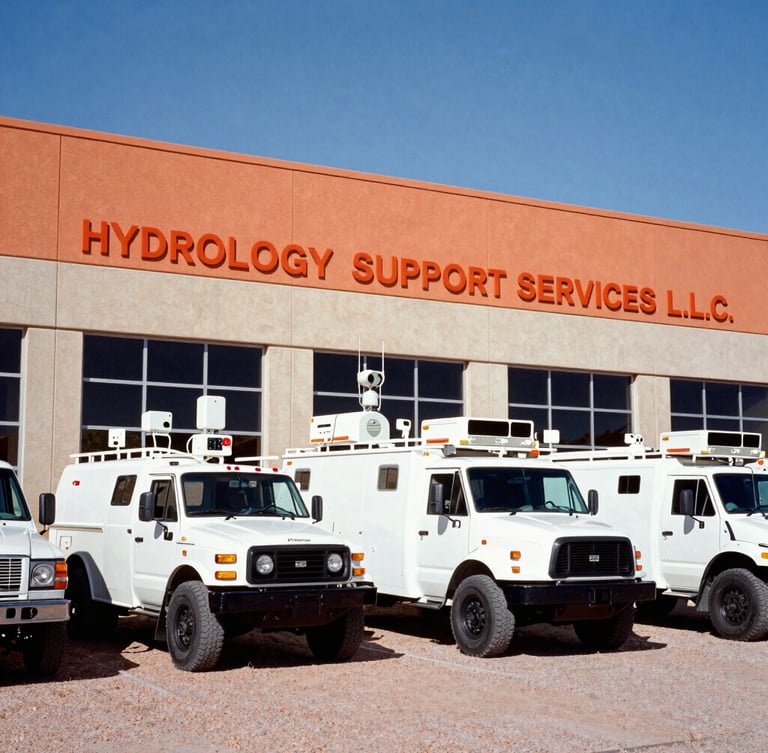 Exterior wide shot of the HYDROLOGY SUPPORT SERVICES L.L.C. office building in Tempe, Arizona, under harsh desert sunlight, showing several specialized field vehicles with telemetry equipment parked in front, high-contrast, technical, 35mm.