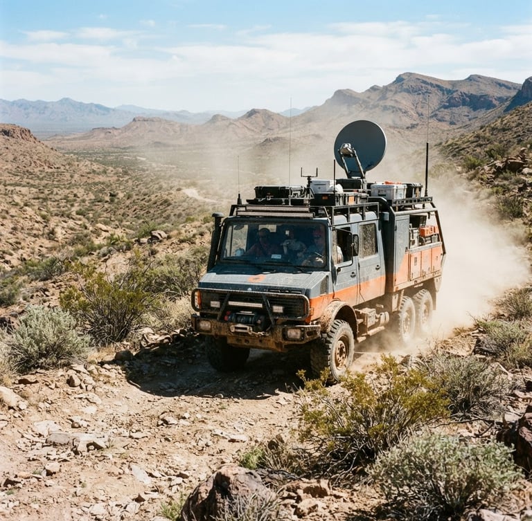 Rugged mobile telemetry rig traversing a remote Arizona desert landscape under harsh sunlight, dust in the air, wide shot.