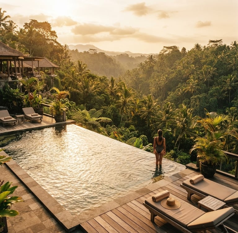 Wide-angle 35mm shot of a sun-drenched infinity pool overlooking the lush Ubud jungle canopy at golden hour, warm saturated tones.