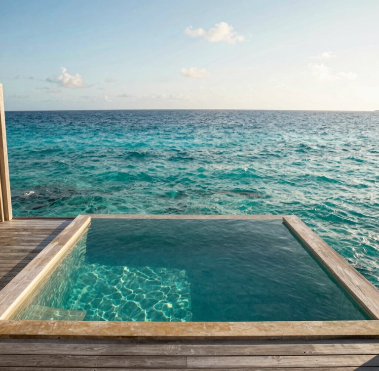 Close-up of a luxury private overwater villa deck with a plunge pool overlooking the endless turquoise ocean, bright natural morning sunlight, wide environmental framing, 35mm look.