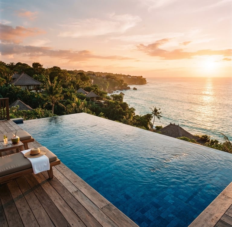 Wide-angle sun-drenched shot of a private infinity pool overlooking the turquoise ocean in Bali, golden-hour natural light, 35mm look