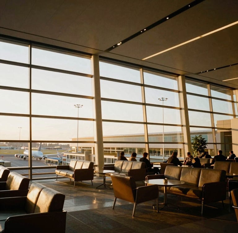 Wide-angle architectural shot of a modern airport terminal lounge with golden-hour sunlight streaming through floor-to-ceiling windows, clean lines, 35mm look