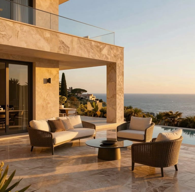 Sun-drenched luxury villa terrace overlooking the Mediterranean, golden hour light, polished travertine floor, minimalist high-end outdoor furniture, warm architectural shot.