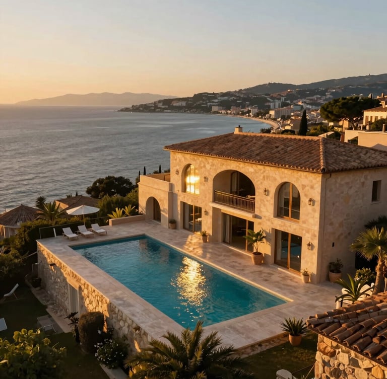 Vue aérienne d'une villa contemporaine sur la Côte d'Azur au coucher du soleil, reflets dorés sur la piscine à débordement, mer Méditerranée en arrière-plan