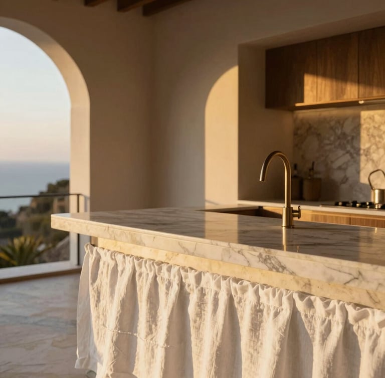Immaculate luxury villa interior detail, white linen, polished marble counter, soft golden-hour light, architectural 35mm lens.