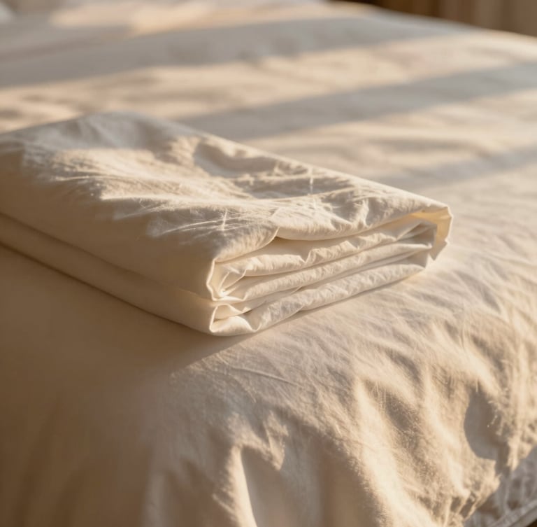 Extreme close-up of crisp, immaculate white linen sheets neatly folded on a bed, soft golden Mediterranean morning light, elegant shadow play, luxurious texture.