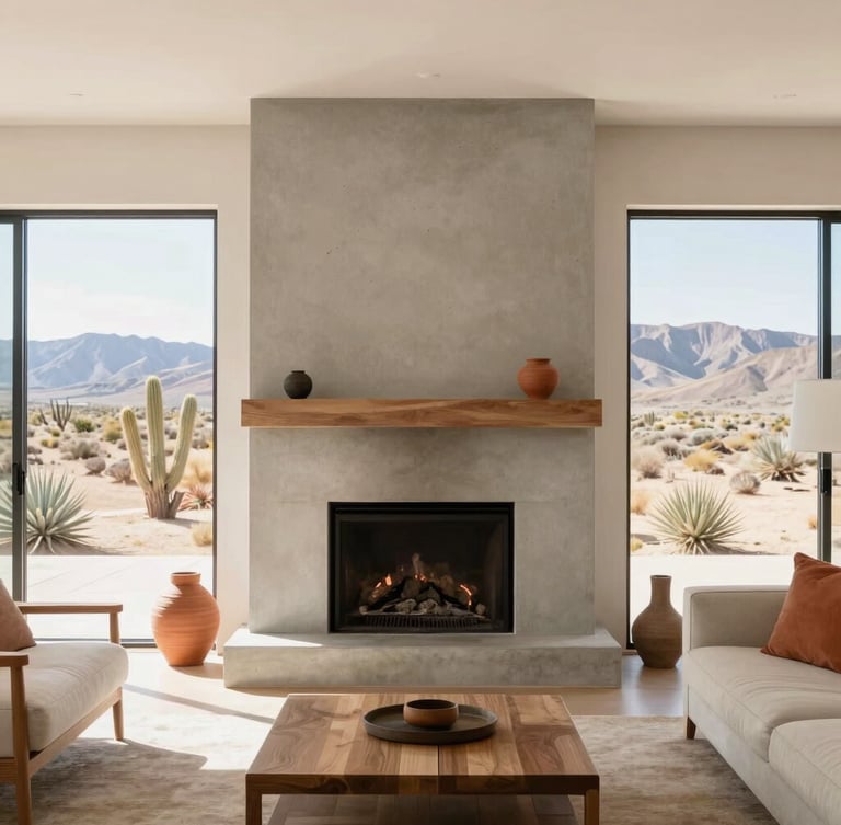 A bright, sunlit modern living room in Yucca Valley with high-desert window light. A pristine concrete fireplace stands clean and soot-free, with minimalist wood furniture and warm terracotta accents. 35mm editorial interior photography.