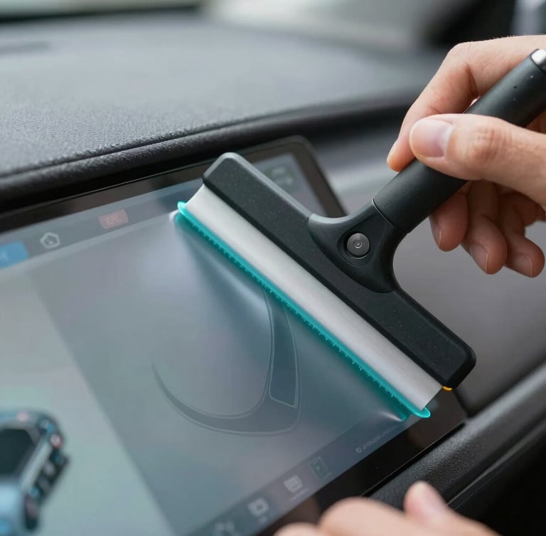Extreme macro close-up of hands applying a matte protective film to a curved digital dashboard screen using a squeegee, sharp teal highlights