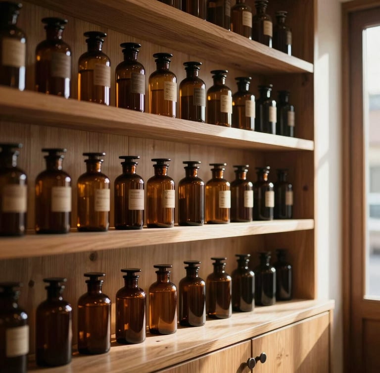 Warm, soft-lit interior of a mid-century apothecary storefront, natural wood shelves displaying clean amber glass bottles, sunlight streaming from the side.