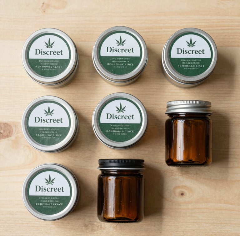 Discreet overhead flat-lay of neatly packaged, compliant cannabis tins and amber glass jars on a clean, light wood surface.