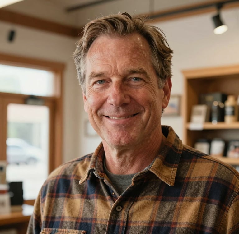 A close-up portrait of Larry Cooper, a friendly middle-aged man in a warm flannel shirt, smiling gently inside his well-lit, wood-accented Alexandria shop, natural daylight.