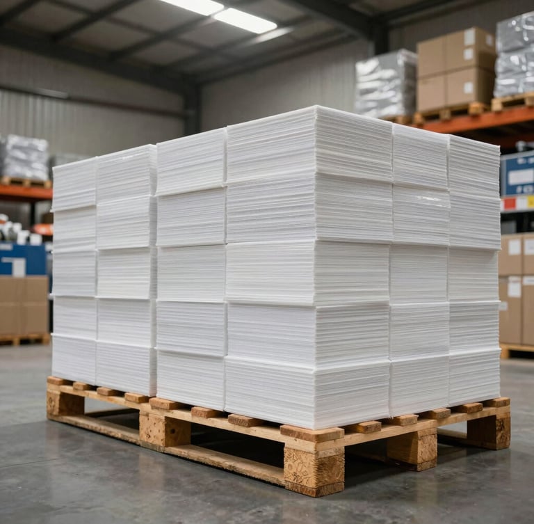 A clean, organized warehouse environment with promotional kits stacked on wooden pallets, sharp overhead lighting, technical precision.