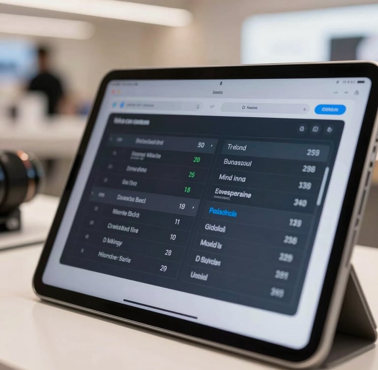 Close-up of a digital promotional interface on a tablet screen inside a busy retail space, sharp focus on technical metrics, clean bright lighting.