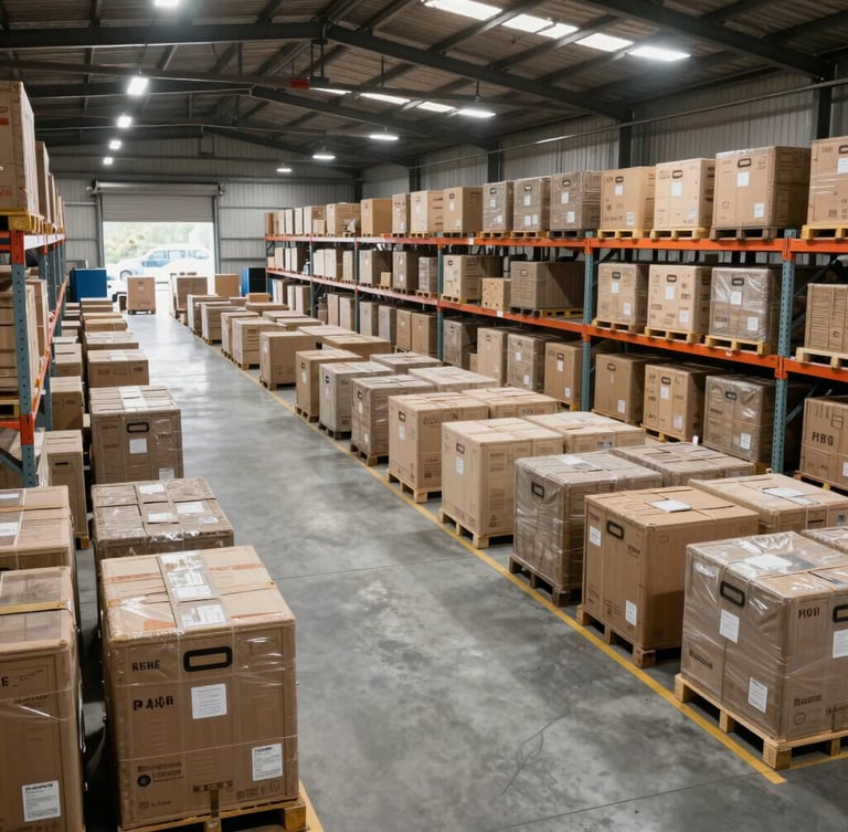 Wide environmental shot of a highly organized campaign logistics warehouse with marked freight crates, clean concrete floors, and bright overhead industrial lighting.