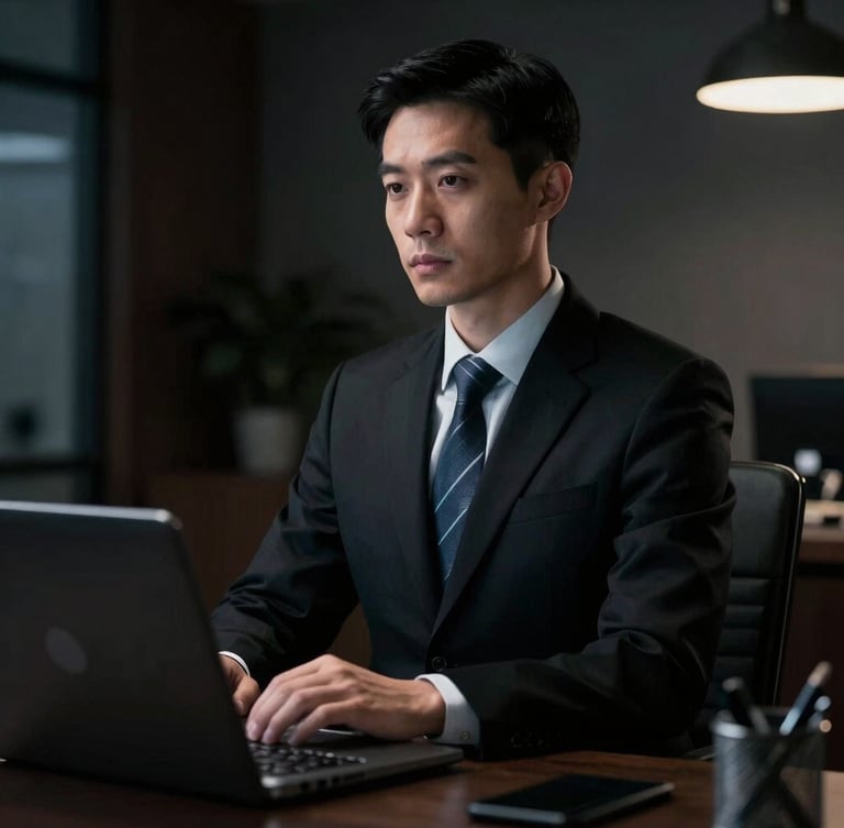 A professional insurance advisor in a sophisticated Madison office, moody lighting with dramatic silver highlights, cinematic framing
