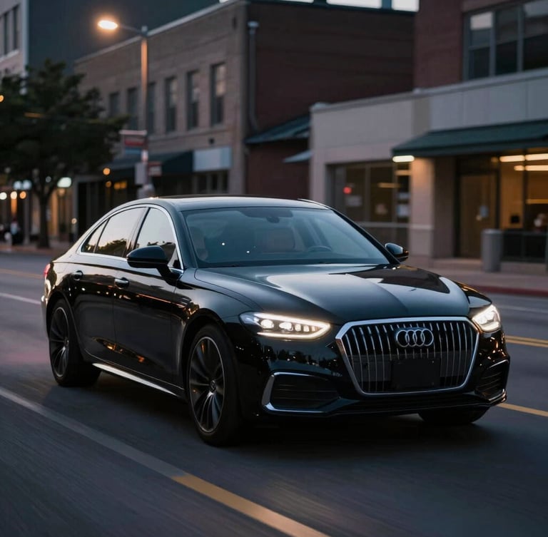 Moody automotive photography of a premium modern sedan driving through downtown Madison at twilight, soft streetlights reflecting off polished black paint, cinematic silver highlights, shallow depth of field.