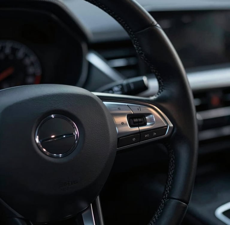 Tight cinematic close-up of a premium leather steering wheel and brushed silver dashboard details, moody low-key lighting, shallow depth of field.