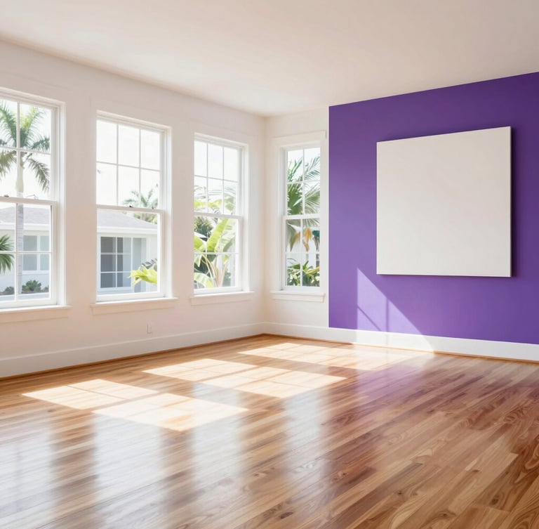 A beautifully swept, empty, sunlit living room with polished wooden floors, bright natural Florida light coming through large windows, clean-cut modern aesthetic