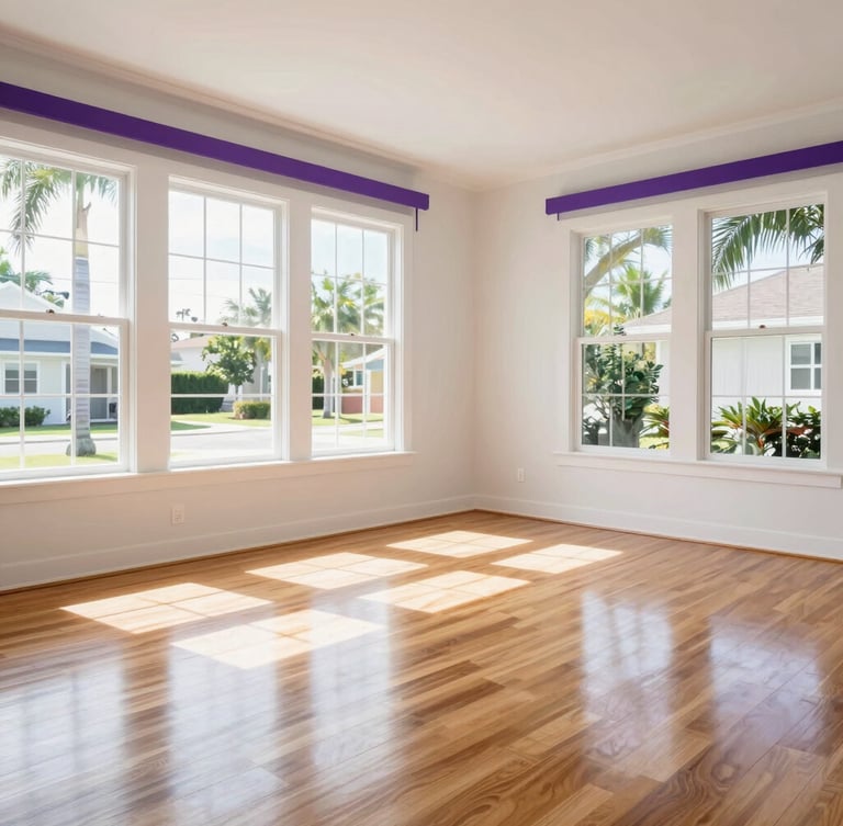 A bright, sunlit residential living room, completely empty and immaculately swept clean, warm Florida daylight streaming through wide windows, pristine hardwood floors reflecting the light.