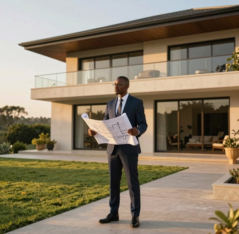 Professional Zambian broker in a tailored suit standing on the terrace of a modern luxury villa in Kabulonga, holding architectural blueprints, warm golden-hour light.